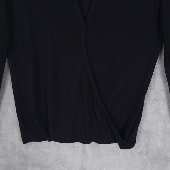 Theory Top Knit Blouse Women Black Sz M Long Sleeve Silk Blend Faux Wrap Keyhole - Picture 2 of 13